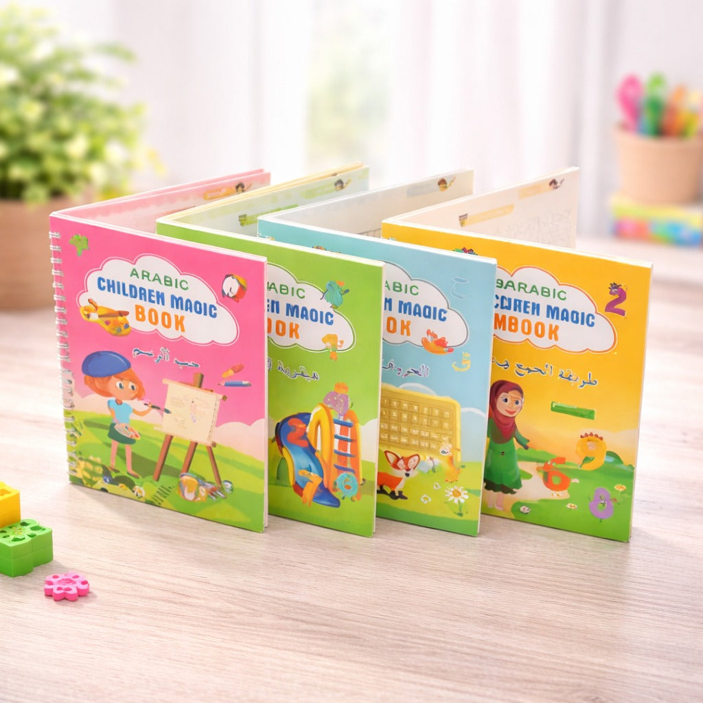 Magic Ink Arabic Copybooks for Kids Reusable Handwriting Workbooks for Preschools (4 Books with Pens)